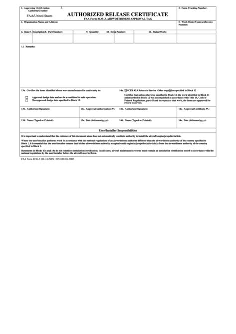 Fillable Faa Form 8130 3 Authorized Release Certificate Printable Pdf