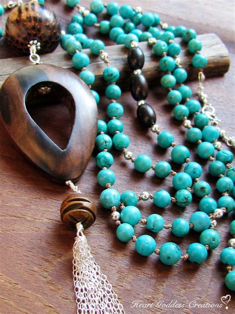 The Long Asymmetrical Turquoise And Wood Necklace With Silver Etsy
