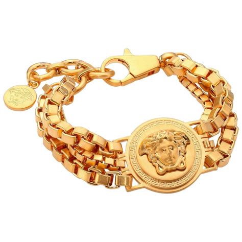 New Versace Mens Gold Plated Metal Triple Chain Medusa Bracelet At