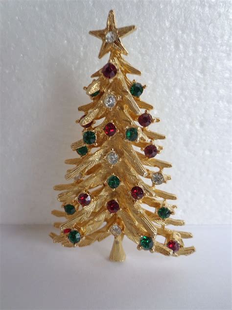 Signed Art Rhinestone Christmas Tree Pin Jewelry Christmas Tree