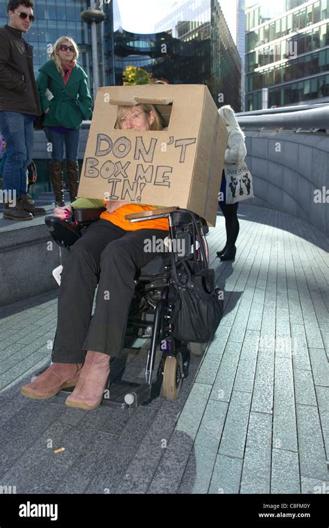 Saturday 22nd October 2011 Queens Way London A Wheelchair Bound Woman Wears A Cardboard Box