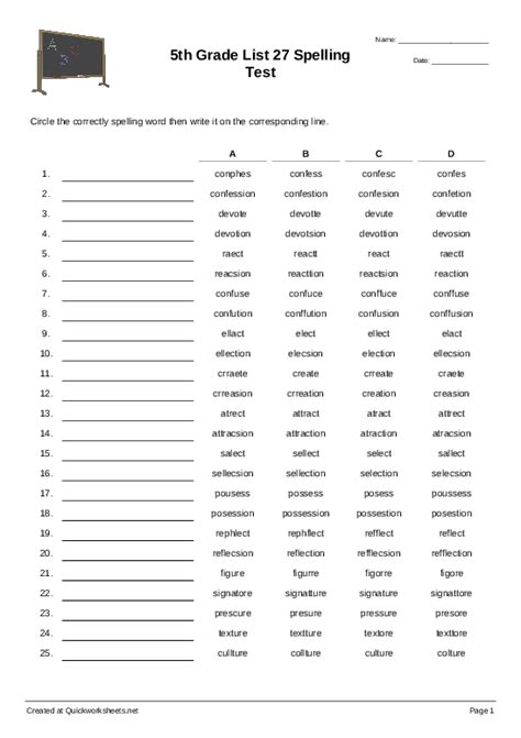 5th Grade Spelling Word List Printables