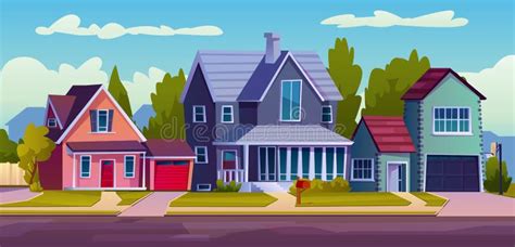 Cartoon Street With Suburban Houses Driveway Tree Stock Vector