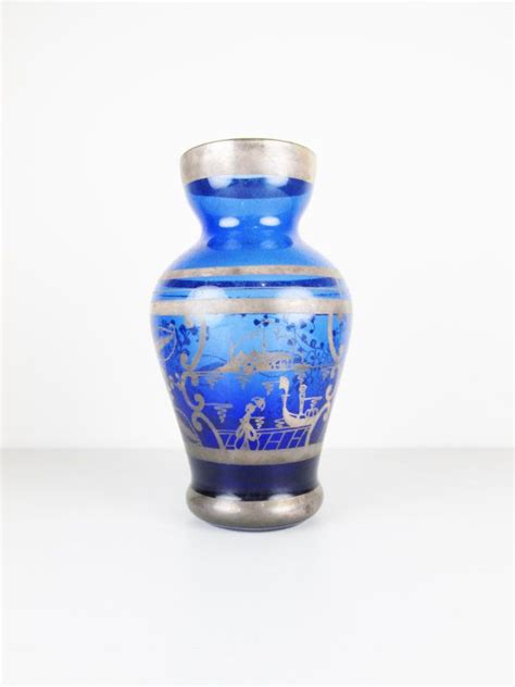 Vintage Cobalt Blue Glass Vase With Silver Overlay By Fairsails Flowers And Leaves Blue Flowers