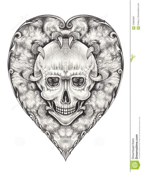 Art Surreal Vintage Heart Mix Skull Tattoo Stock Illustration