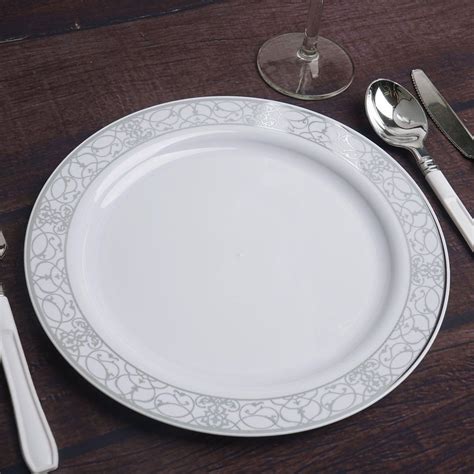10 Pack 9 White Disposable Round Dinner Plate With Heritage Silver