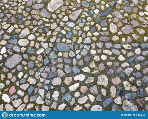 Cobblestone Street With Grass Between The Stones Multi Colored