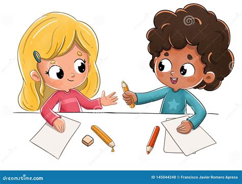Children At School Lending A Pencil Stock Illustration Illustration