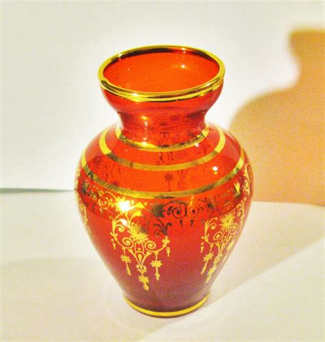 Vecchia Murano Gilded Glass Vase Small Ruby Red 24ct Gold Etsy