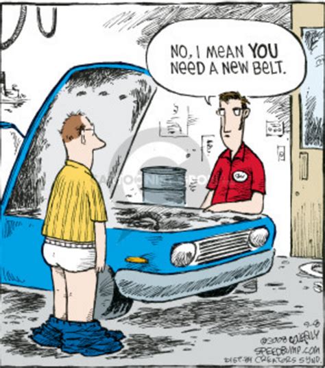 comic showing two men talking to each other over a car s open engine compartment the customer