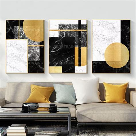 Framed Wall Art Set Of 3 Prints Geometric Gold Black Von Bilder Set