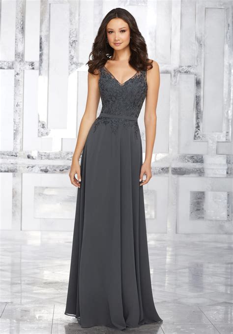Chiffon Bridesmaids Dress With Embroidered Beaded Bodice Morilee