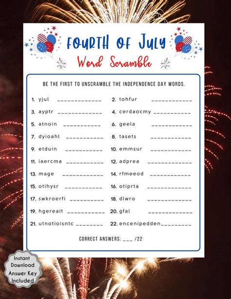 Fourth Of July Word Scramble Game Independence Day Game Etsy