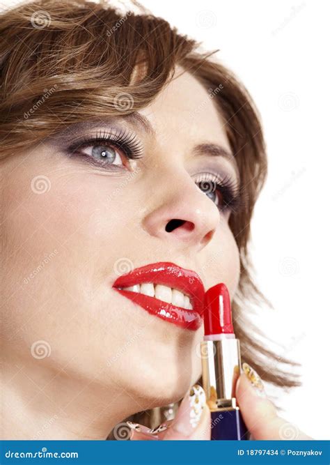 Beautiful Woman Applying Lipstick Stock Photo Image Of Glamorous