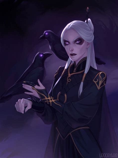 A Woman With White Hair Holding A Black Bird On Her Arm In Front Of A