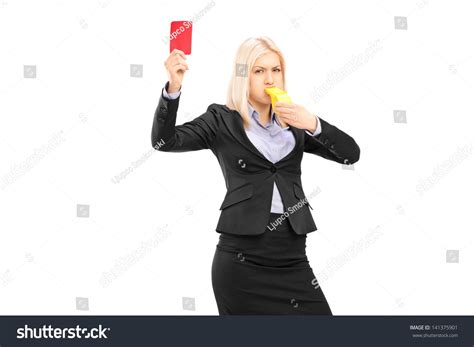 Angry Businesswoman Blowing Whistle Showing Red Stock Photo 141375901