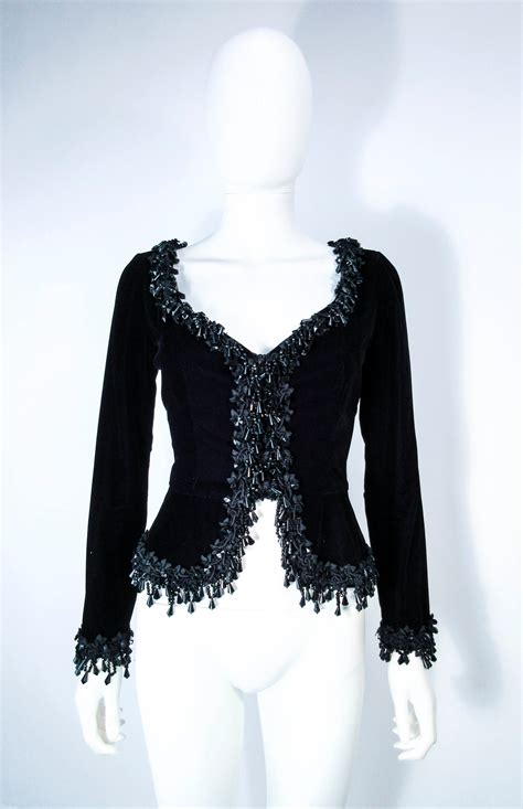 Victor Costa Black Velvet Beaded Evening Jacket Size 4 6 For Sale At