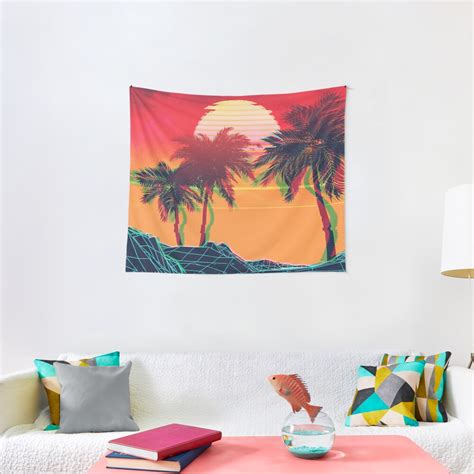 Vaporwave Landscape With Rocks And Palms Tapestry By Annartshock