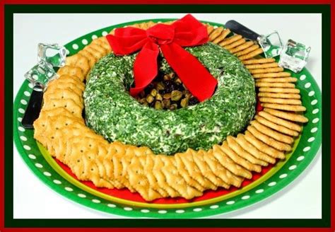 Holiday Appetizer Wreath Made From Cheese Ball And Decorated With