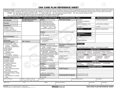 Cna Care Plan Reference Sheet
