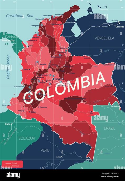 Colombia País Mapa Detallado Editable Con Regiones Ciudades Y Pueblos