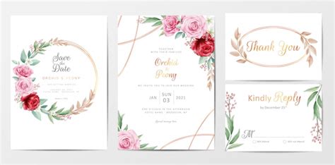 Elegant Golden Flowers Wedding Invitation Cards Template Set Vector