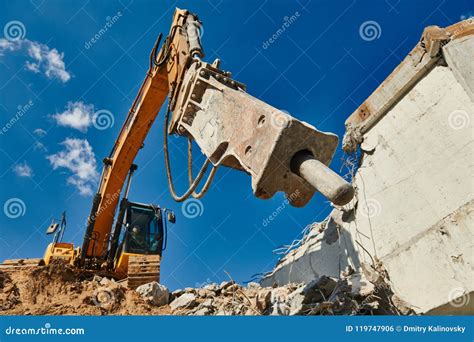 Excavator Loader Machine At Demolition With Hydrohammer On Construction