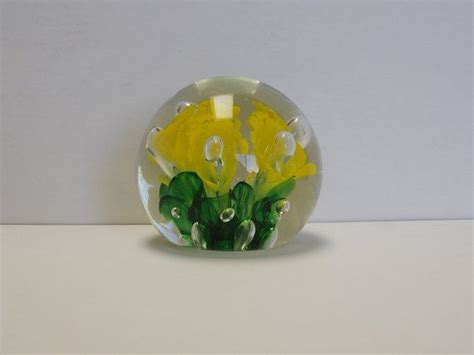 Handblown Art Glass Round Paperweight Yellow Flowers With Etsy Glass Art Yellow Flowers