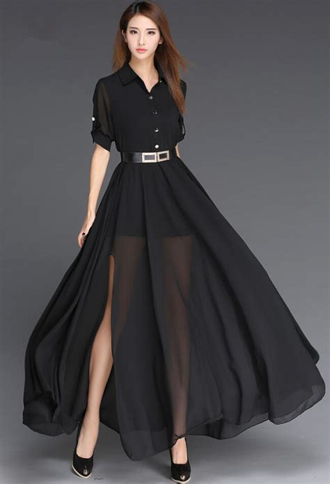 New 2016 Black And White Long Dress European Style Side Slit Chiffon