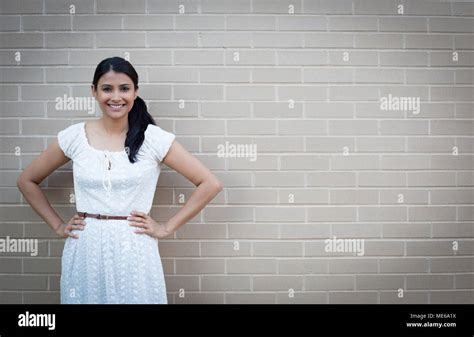 Closeup Portrait Young Beautiful Business Woman In White Dress Smiling Posing Hands On Hips