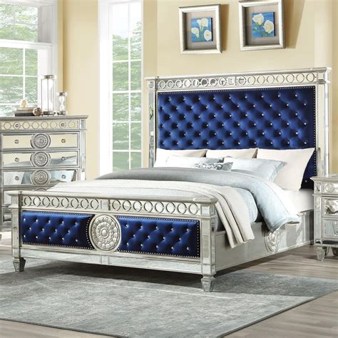 bedroom furniture blue velvet mirrored crystal  button eastern king