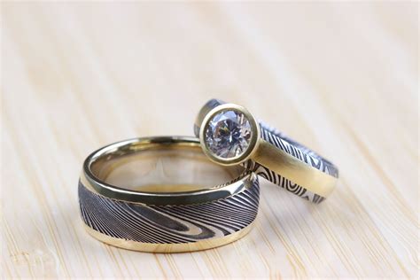 Damascus Steel Wedding Set With 18k Yellow Goldhers With A Beautiful