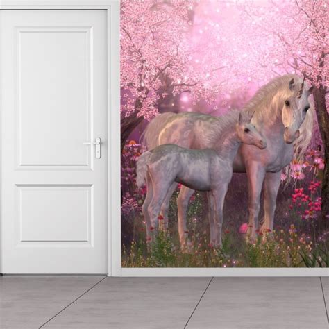 Fairytale Unicorn Wall Mural Pink Cherry Blossom Photo
