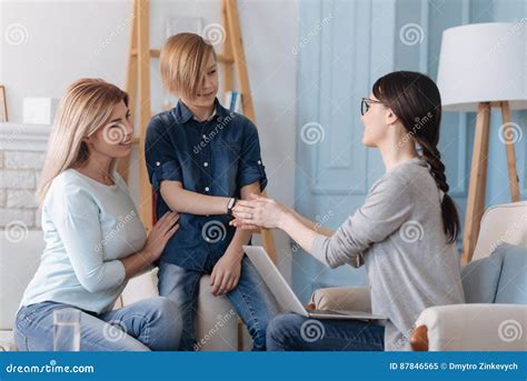 Happy Mother Visiting Psychologist With Her Son Stock Image Image Of Diagnosis Psychologist