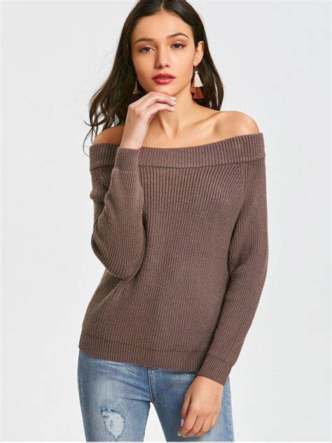 27 Off 2021 Pullover Off Shoulder Sweater In Greyish Brown Zaful