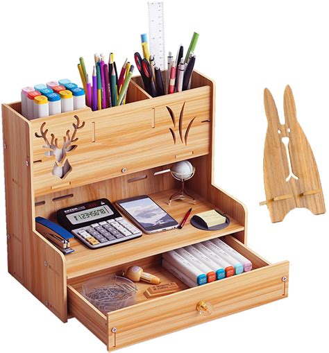 Marbrasse Wooden Pen Organizer Multi Functional Diy Pen Holder Box