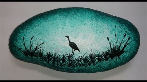 Rock Painting Turquoise Sunset And Heron Silhouette Acrylic