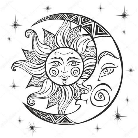 Moon Sun Ancient Astrological Symbol Engraving Boho Style Ethnic Symbol