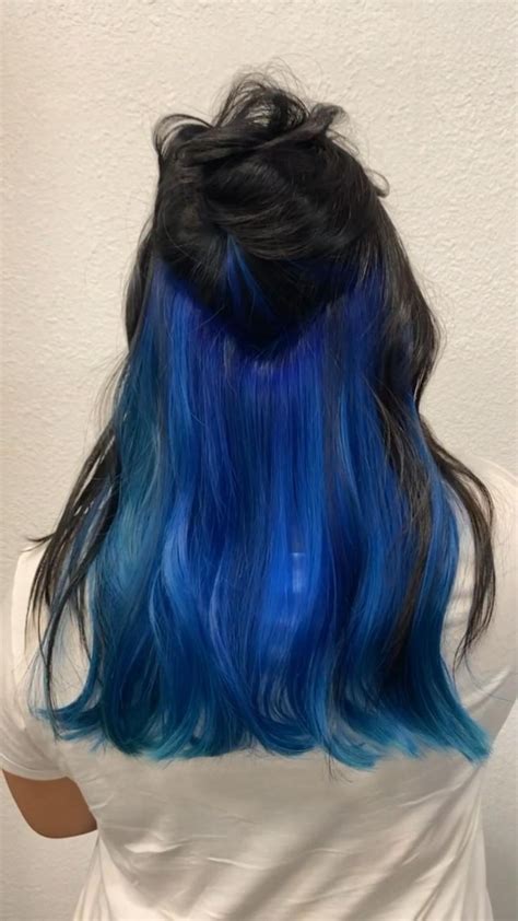 Deep Blue And Black Split Dye 🦋 Dark Blue Hair Dyed Hair Blue Hair