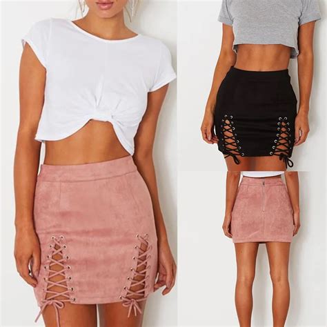 Sexy Lace Up Leather Suede Skirts Women Vintage Cross Zipper Split Mini Skirt Sexy High Waist