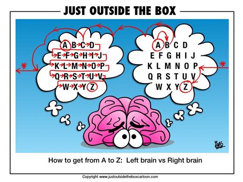 Through neuronal projections and the corpus callosum the different hemispheres speak to one another for appropriate body function. Right brain versus left brain - Just Outside the Box Cartoon