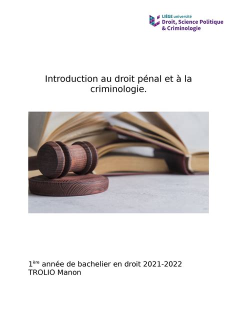Introduction Au Droit Pénal Et à La Criminologie Introduction Au