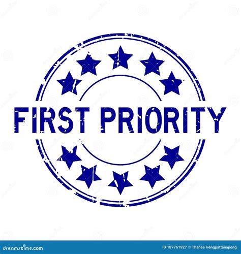 Grunge Blue First Priority Word With Star Icon Round Rubber Stamp On