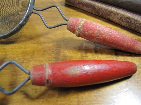 Set Of Two Vintage Wire Mesh Strainers With Red Wooden Etsy