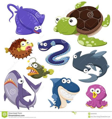 Hand drawn endangered ocean life tile. Cartoon Sea Animal Illusration Collection Stock Vector ...