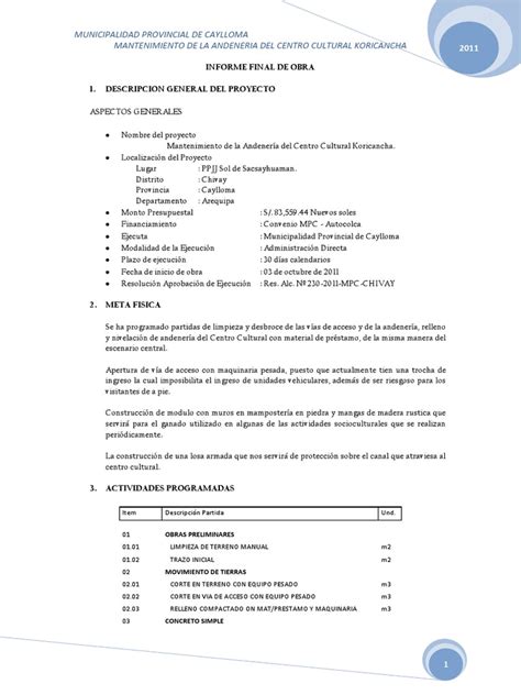 Informe Final De Obra Ingeniería Ciencia Prueba Gratuita De 30