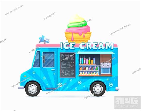 Ice Cream Food Truck Isolated Vector Van Cartoon Car For Street Food Icecream Desserts Selling