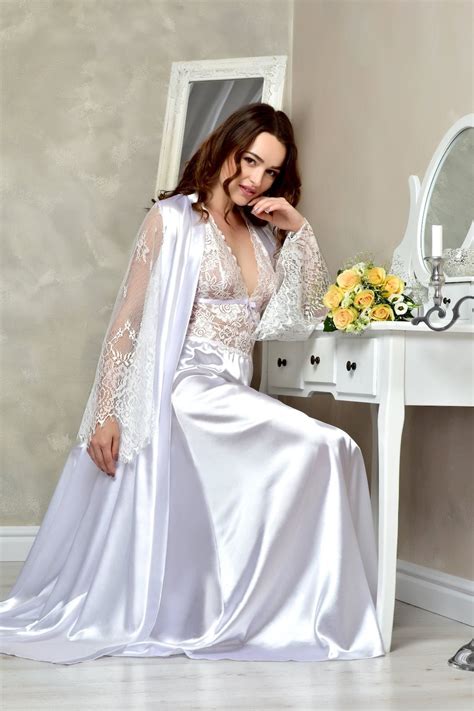 White Long Bridal Robe And Nightgown Set Satin Lace Peignoir Etsy