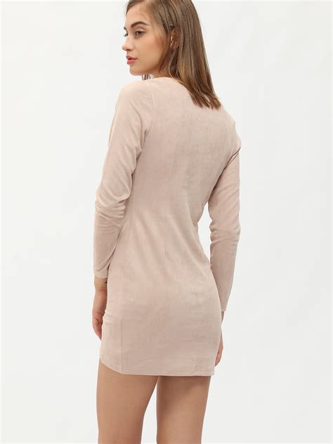 Nude Beige Long Sleeve V Neck Wrapover Bodycon Dress Shein Sheinside