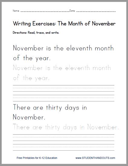 Handwriting practice worksheet number writing worksheets pdf. November Handwriting Practice Worksheet | Student Handouts